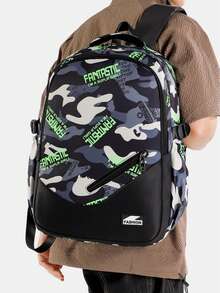 Unisex Colorblock Letter Camo Print Backpack, Large Capacity Multi-Function Lightweight Wear-Resistant School Bag For Middle And High School Students, Laptop Backpack, Outdoor Travel Backpack - Multicolor - View 11