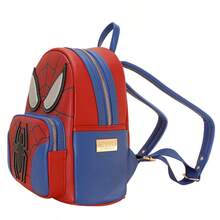 Mesuca 1pc Mini Daily Backpack Marvel Official Licensed Spider-Man Cartoon Print Red & Blue Faux Leather Multi-Zipper Pockets Lightweight Portable Travel Small Shoulder Bag - Multicolor - View 3