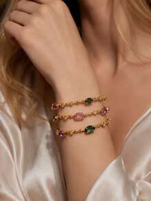 FAAABULS 1pc Multi-Layer Wrapped Bamboo Knot Chain Rhinestone Bracelet, Oval Colorful Rhinestone Stackable Delicate Chain Bracelet, Women's Daily Commute Party Accessory - Rhinestones - View 3