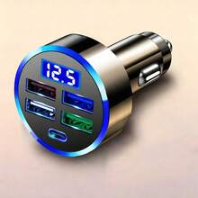 1pc Black 4-usb Port With Type-c Car Charger Adapter Featuring Led Display Of Voltage And Current - Black - View 2