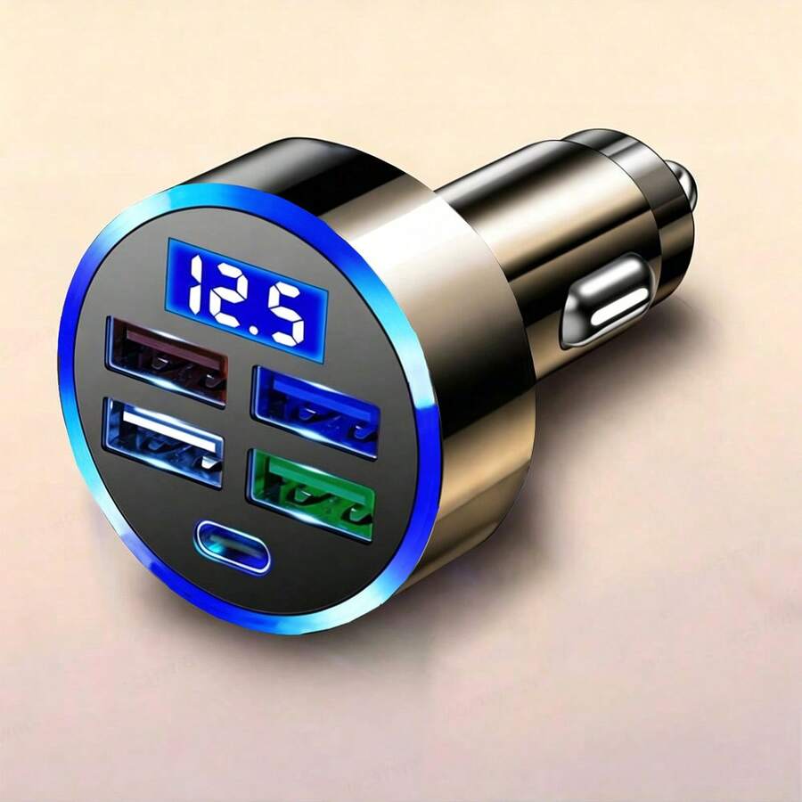1pc Black 4-usb Port With Type-c Car Charger Adapter Featuring Led Display Of Voltage And Current