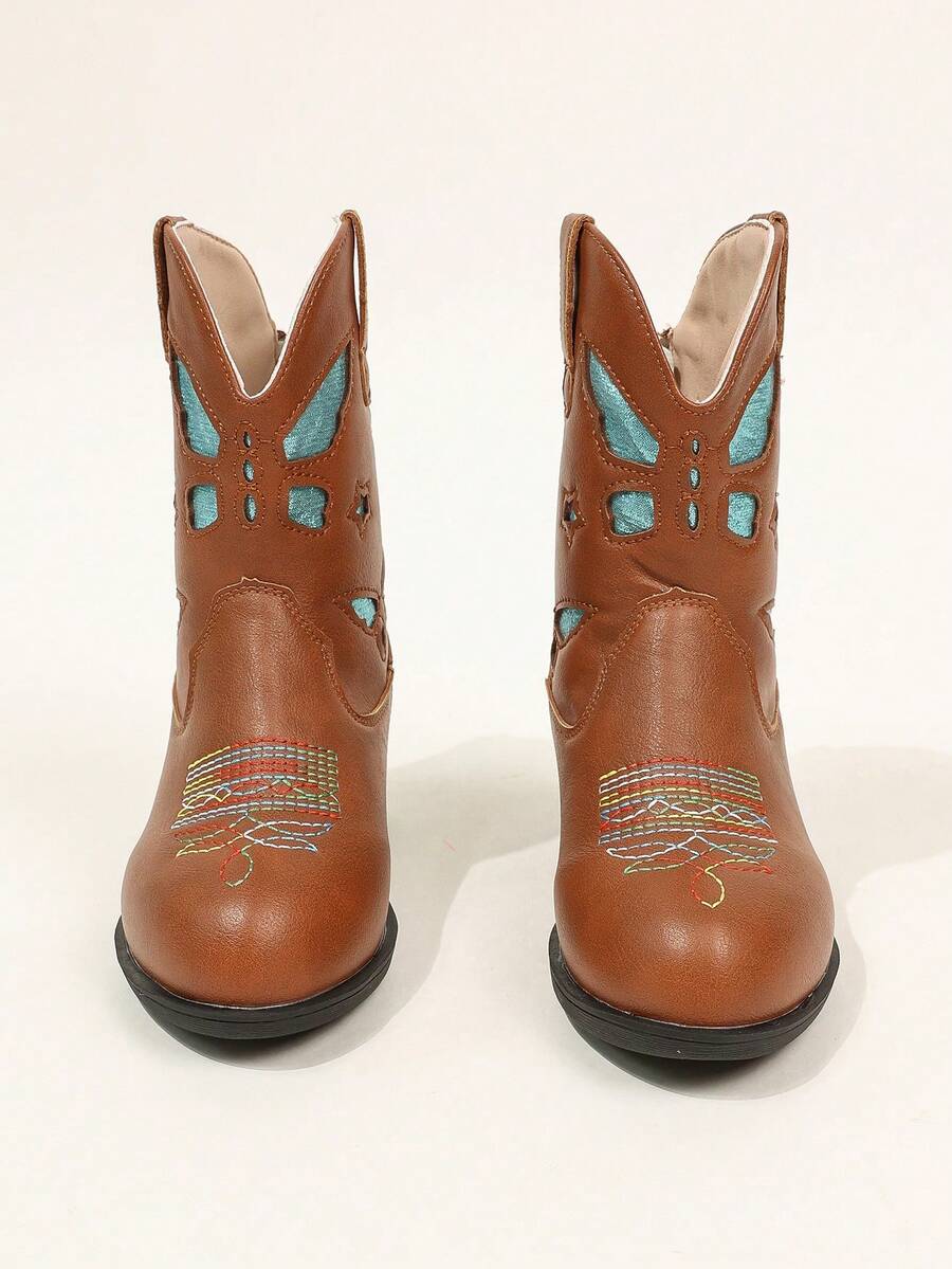 Kids Embroidered Western Ankle Boots Hollow Design Back Zipper Fashion Girls Boots - Khaki - View 1