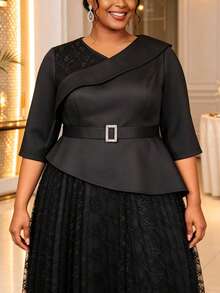 Plus Size Women's Black Asymmetrical Ruffle Lace Pleated Maxi Dress, Asymmetric Collar, 3/4 Sleeve, Waist Tie, Elegant Church Formal Party Gown - Black - View 2