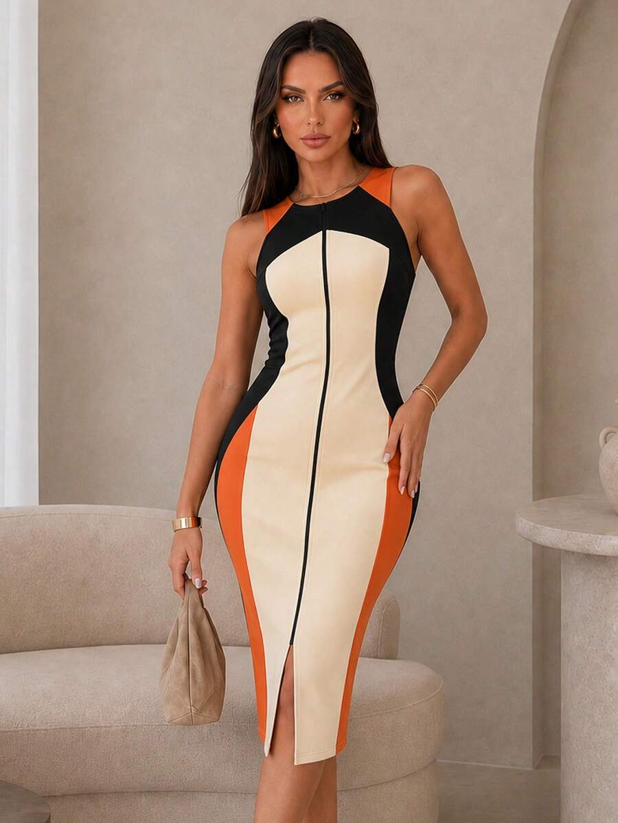 ChicMe Women's Colorblock O-Neck Sleeveless Front Zipper Slit Front Center Skirt, Fashion Commute Daily Dress - Apricot - View 1
