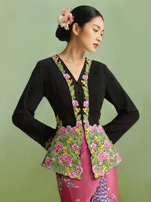 女款 Kebaya Nyonya 優雅時尚刺繡長袖上衣 - 黑色 - 查看 5
