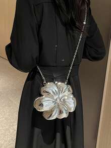 迷你雷射金屬花朵手提包，Y2K復古金屬框架鏈條斜挎包，優雅女款單肩包，花朵設計，適合派對、婚禮、晚餐、購物及日常穿搭 - 銀色 - 查看 7