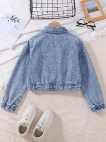 1pc Tween Girl Autumn/Winter Vintage Street Minimalist Denim Jacket, Suitable For Outdoor, Vacation, Street Fashion, Back To School - Light Wash - View 2