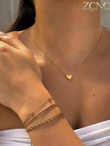 Juego de 4 piezas/Set Pulsera de cadena estilo dulce elegante minimalista chapada en oro de 18k para mujer, apilable con un collar de corazón, acero inoxidable 304 duradero, juego de joyas a juego para uso diario, adecuado para fiesta de Halloween, regalo de Navidad, atuendo de Año Nuevo - Dorado - Ver 2