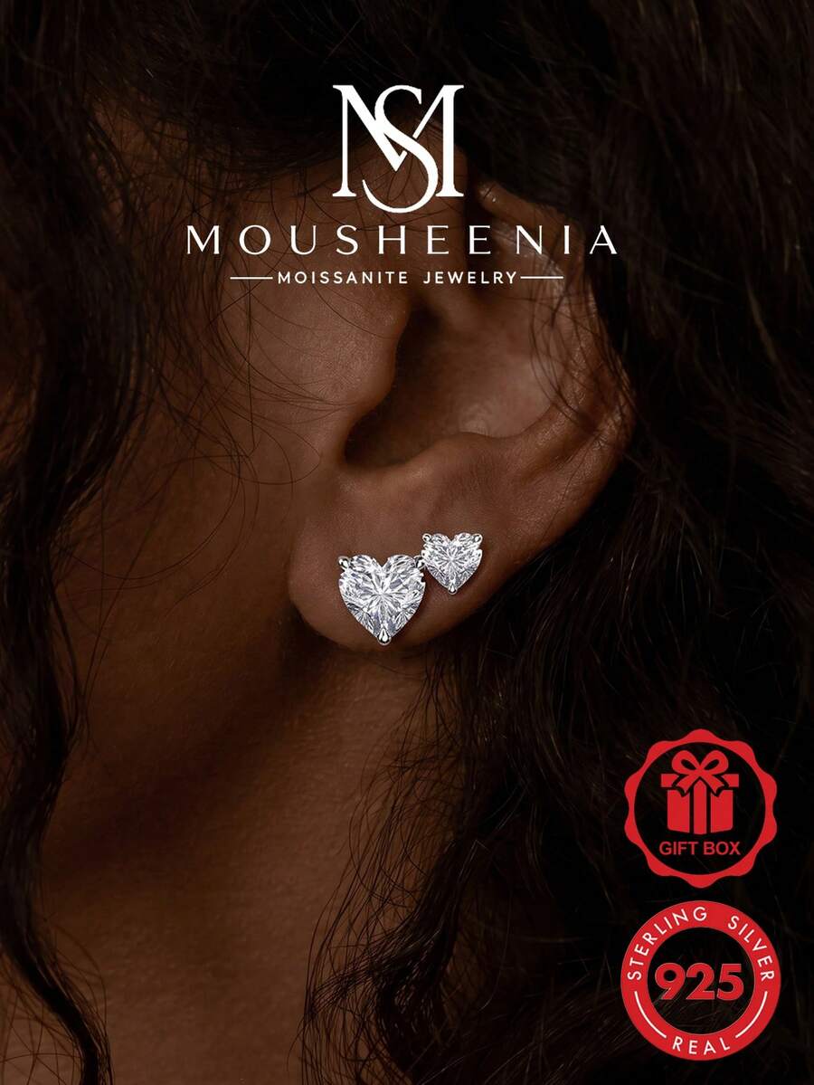 MOUSHEENIA Unique Multi Shape Moissanite Cluster Stud Earrings 925 Sterling Silver Gold Plated Heart Emerald Princess Cut Cluster Earrings Gift For Women - Heart-shaped - View 1