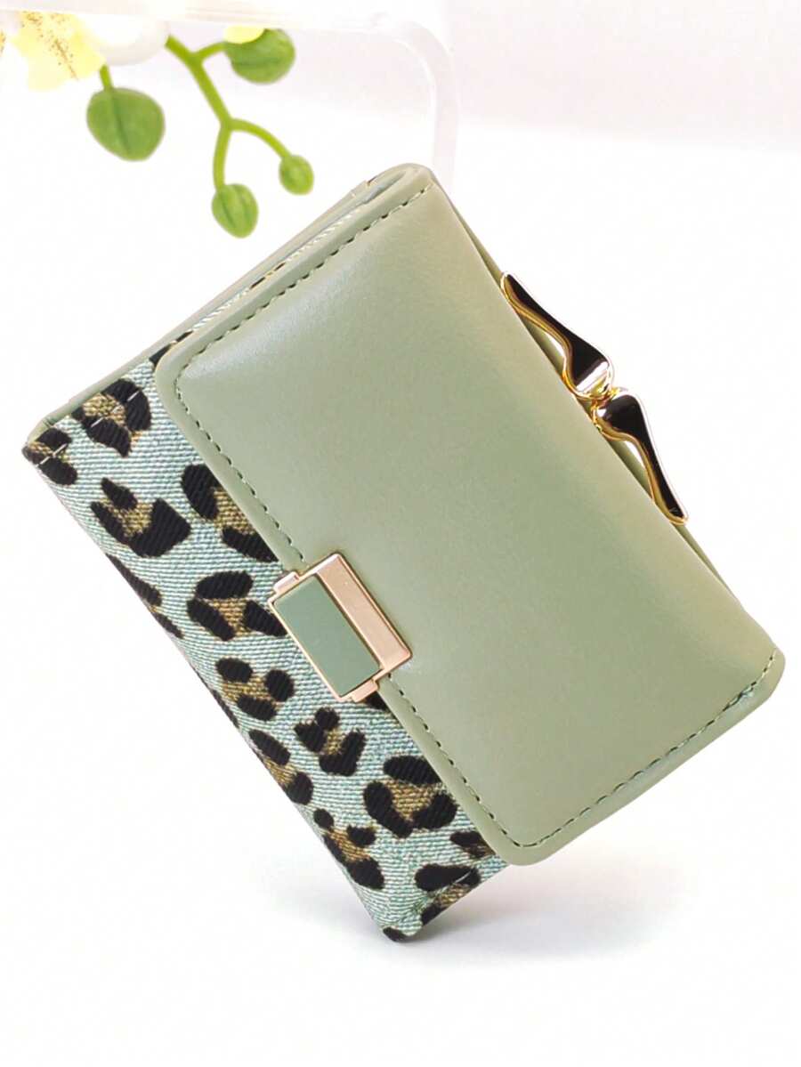 Leopard Print Snap Closure Short Women's Wallet, Three-Fold Multi-Function Purse, Solid Color Snap Closure Short Women's Wallet, Three-Fold Multi-Function Purse - Green - View 1
