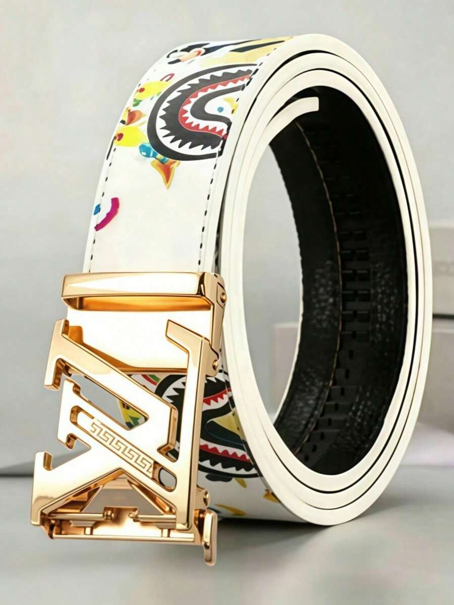 Adjustable Automatic Buckle Belt For Men, Fun Cartoon Shark Print Belt Strap Stylish Hollow X Metal Buckle Belt For Casual Daily Occasions - Multicolor - View 1