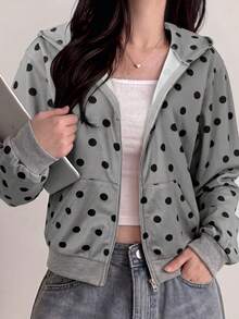 Women's Zipper Front Pocket Polka Dot Hooded Sweatshirt - Multicolor - View 5