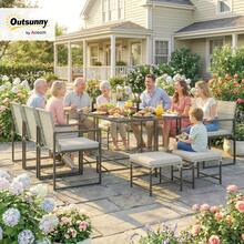 Outsunny 11 Pieces Wicker Patio Dining Set, Rattan Outdoor Furniture Set With 6 Armchairs, 4 Stools, Tempered Glass Table Top, Removable Cushions, For Backyard, Poolside, Balcony - Gris Claro - Ver 2