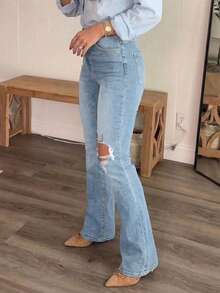 Women's Distressed Elastic Skinny Flare Jeans Casual Spring - Light Wash - View 5