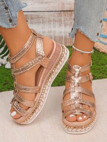 Women's Rivet Decor Ankle Strap Crocodile Embossed Wedge Platform Sandals, Vacation Style Summer Daily Outdoor Wear, Champagne Color - Champagne - View 5