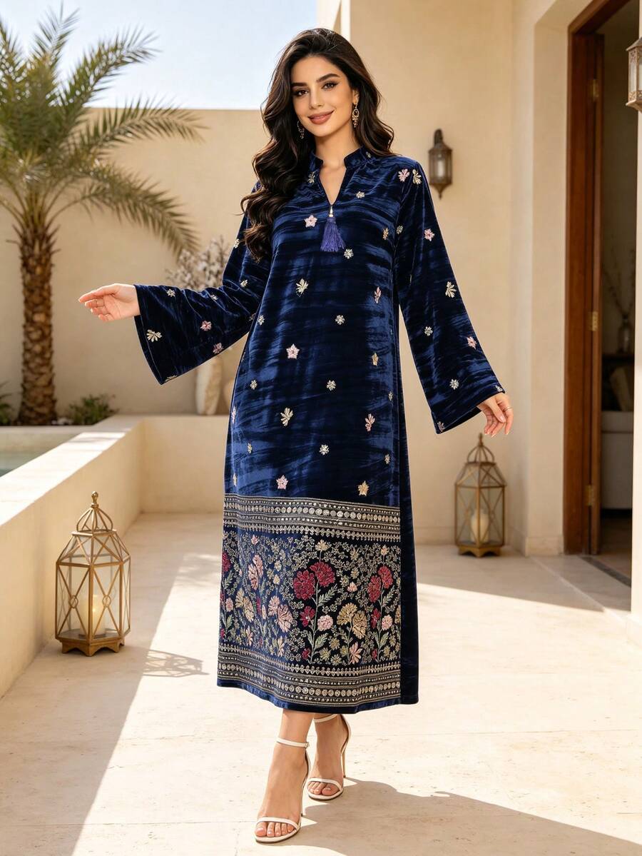 Heavy Beaded Embroidered Arabic Women's 2026 Winter Blue Elegant Dress, JALABIYA Long Sleeve Notch V-Neck, Winter Casual Party Outfit