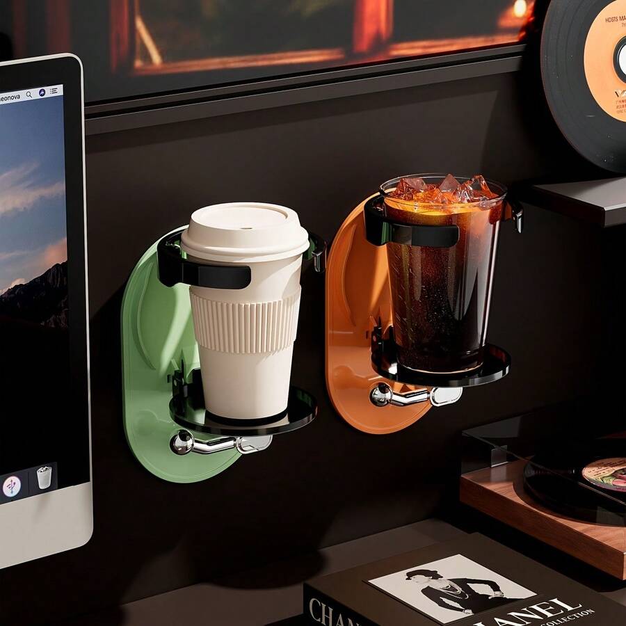 Wall-Mounted Foldable Cup Holder With Hook, Self-Adhesive Wall-Mounted Beverage Rack, Foldable Coffee Cup Holder, Suitable For Desk, Office, Bedroom, Dormitory And Other Places. Fits Most Cup Types. Available In Green/Orange - Multicolor - View 1
