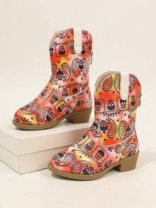 Toddler Paisley Flower Print Western Boots Vintage Chunky Heel Casual Mid-Calf Boots - Coral Orange - View 7