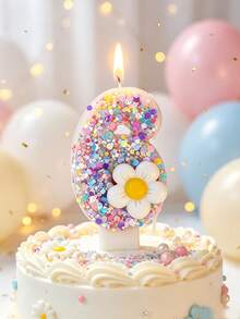1 pieza Vela numérica de 0 a 9 con cristal púrpura y margarita blanca, decoración de pastel para fiesta de cumpleaños - Morado - Ver 1