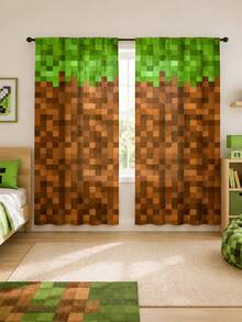 2pcs Pixel Art Block Print Curtains, Game Mosaic Pixel Pattern Semi-Sheer Curtains, Creative Personalized Boys Children's Bedroom Decor Window Curtains, Multiple Styles Available - Multi-color B - View 2