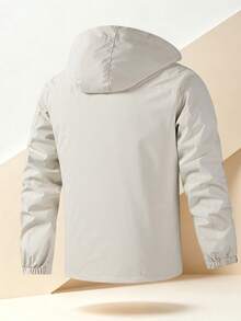 Men's Letter Print Hooded Utility Jacket, Casual Outdoor Long Sleeve Coat - Beige - View 3