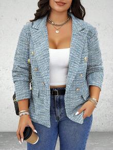 Vionelle Plus Size Women Plaid Lapel Collar Long Sleeve Metal Button Casual Blazer Jacket,Dusty,Fall Winter,,Office,Back To School Teacher - Blue - View 1