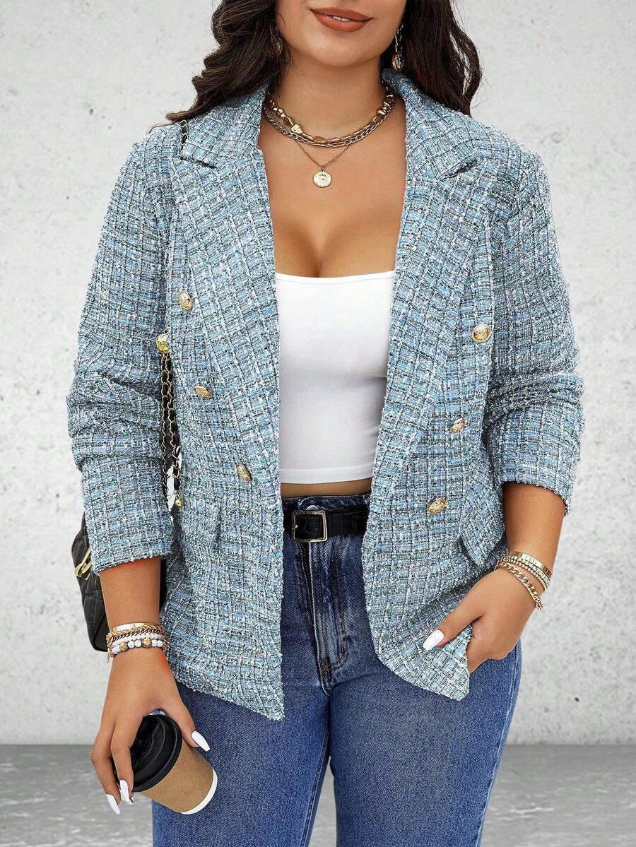 Vionelle Plus Size Women Plaid Lapel Collar Long Sleeve Metal Button Casual Blazer Jacket,Dusty,Fall Winter,,Office,Back To School Teacher - Blue - View 1