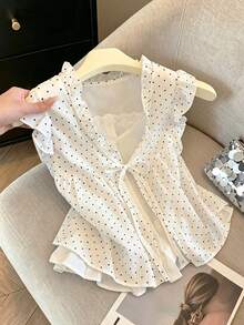 極簡可愛女款日常上衣，蝴蝶袖荷葉邊前綁帶 2 合 1 韓系仙氣短袖 T-shirt，返校穿搭夏季款 - 黑白波點 - 查看 3