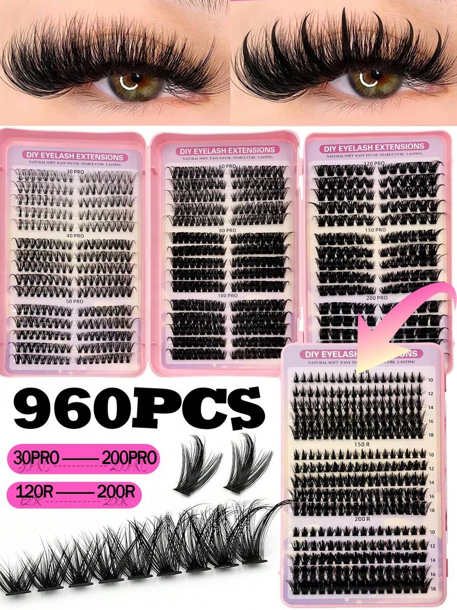 Sibeuna 960片 D捲度 30Pro-200Pro 120R-200R 尖頭簇裝假睫毛,自然風格顯眼妝感,大容量蓬鬆柔軟,適合初學者,旅行必備 - D - 查看 1