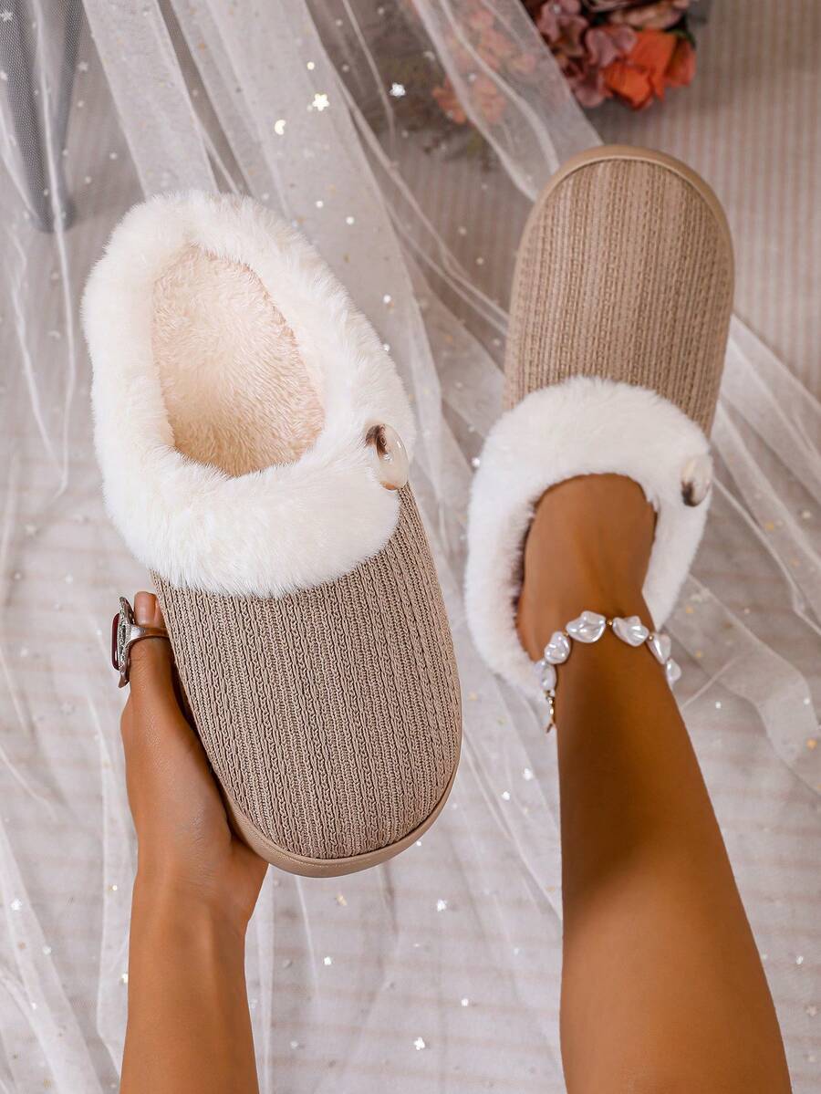 Women's Thermal Lined Comfortable Non-Slip Wear-Resistant Closed Toe Faux Fur Slippers Faux Suede - Khaki - View 1