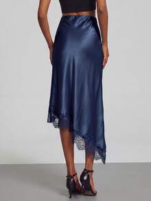 Rok Asimetris Bertekstur Satin dengan Sambungan Renda Se-Helo untuk Perjalanan Harian / Sederhana dan Elegan / Nyaman dan Kasual - Navy Blue - View 4
