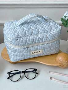 BLOSOMHALT 3pcs Cute Blue Plaid Heart Quilted Down Cosmetic Bag Set, Korean Aesthetic Thickened Makeup Travel Storage Bag With Handle And Woven Label, Suitable For Women And Girls - Blue - View 4