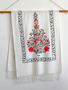 1件女款秋冬仿羊絨刺繡圍巾，厚實保暖流蘇刺繡波希米亞風旅行披肩斗篷 - 白色 - 查看 2