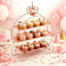 3-Tier Crown Cake Stand With Wheels – Rose Gold Carriage Cupcake Display Rack For Wedding, Afternoon Tea & Birthday. Non-Food Contact Metal Dessert Tower, Sturdy Pastry Holder & Elegant Tabletop Decor - 玫瑰金 - 查看 4