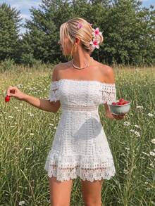 Summer Women's French Style White Hollow Lace Off-Shoulder Cold Shoulder Cinched Waist Ruffle Hem Short Dress, Suitable For Vacation, Date, Beach - White - View 2