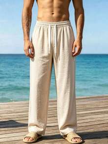 Celana Panjang Kasual Pria, Desain Minimalis dengan Tali Serut, Celana Panjang Lurus Gaya Hawaii Warna Polos untuk Pantai dan Olahraga Musim Gugur - Aprikot - View 3