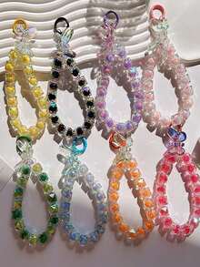 1pc Colorful Square Crystal Beaded Phone Wrist Lanyard, Butterfly Pendant Bead Chain With Spring Ring Clasp, Suitable For Phone Case, Keychain, Bag Pendant Daily Matching - Multicolor - View 1