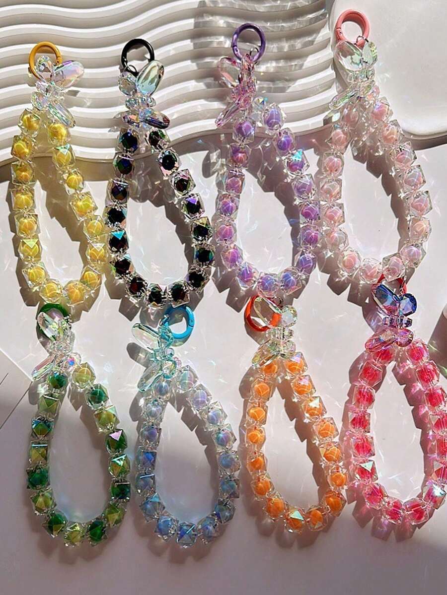 1pc Colorful Square Crystal Beaded Phone Wrist Lanyard, Butterfly Pendant Bead Chain With Spring Ring Clasp, Suitable For Phone Case, Keychain, Bag Pendant Daily Matching - Multicolor - View 1