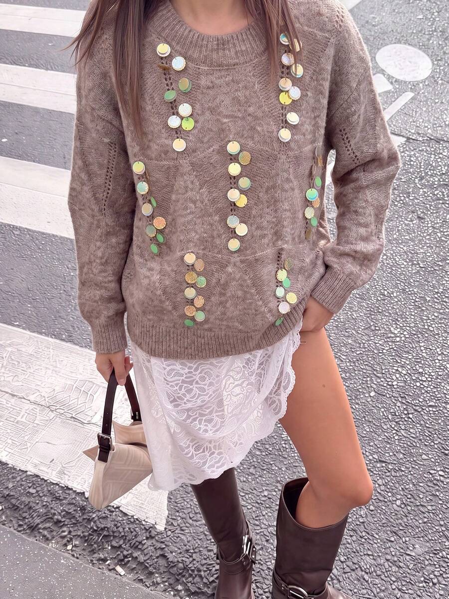 Women's Plush V-Neck Sequin Sweater Long Sleeve Comfortable Holiday Party Pullover Fall - Camel - View 1