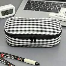 1pc Large Capacity Polka Dot & Plaid Pencil Case, Soft Polyester Fabric Stationery Storage Box, Portable & Stylish Pen Bag, Suitable For Students, Multi-Functional Makeup Bag, Desk Organizer, Ideal For School, Office, Travel And Back To School - A - View 8