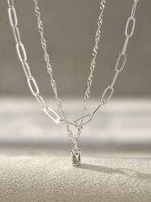 Pulsera delgada apilable de doble capa con colgante rectangular geométrico, accesorio de mano de estilo minimalista para el diario - Plateado - Ver 4
