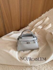 Tas Mini Lucu Terbaru dan Populer, Warna Solid Emas, Kunci Putar, Tas Kecil, Tas Kosmetik Mini Warna Solid, Tas Selempang Kecil, Tas Aksesori, Tas Gantung Dekoratif, Tas Pesta, Dompet Koin - Perak - View 5