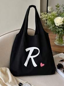 Pink Heart Letter A-Z Pattern Vest-Style Shoulder Bag, Women's Casual Canvas Tote Bag, Suitable For Vacation, Beach And Daily Life, Perfect Gift For Women, Mothers, Teachers, Friends And Bridesmaids, Large Capacity Bag, Students, Back To School Season, Portable Casual Storage Tote Bag, Multi-Functional Shopping Bag, Novel Design, Large Capacity, Ideal For Shopping, Shoulder Bag, Tote Bag, Lunch Bag, Lunch Box And More. - Multicolor - View 2