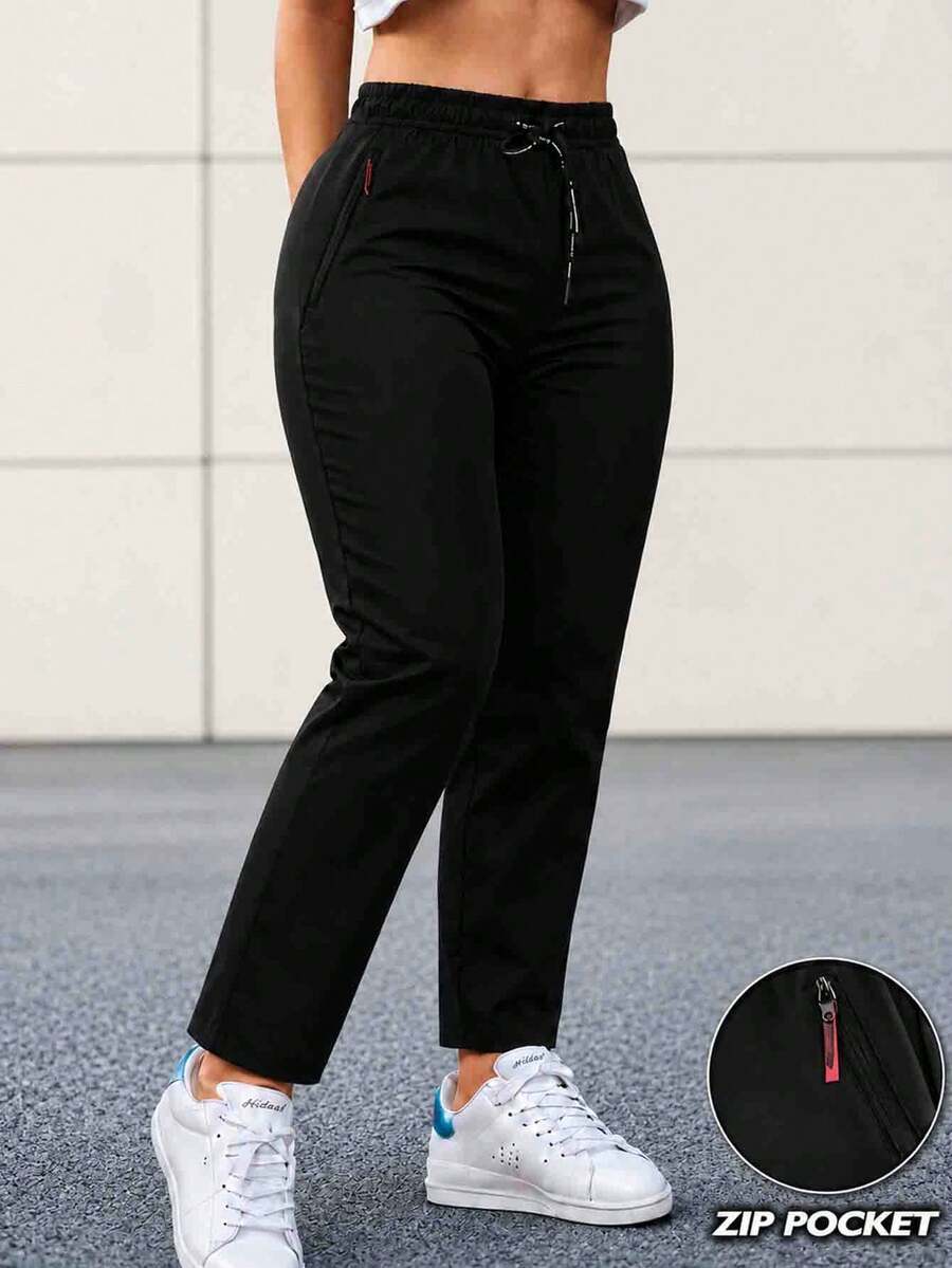 Women's Fashion High Waist Sports Pants - Drawstring Straight Leg Sweatpants, Casual Long Pants With Secure Zipper Pockets, Suitable For Daily Wear, Commuting, Outdoor Activities - Black - View 1