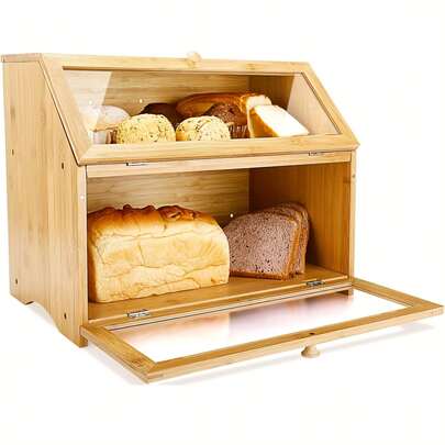 [AMAZINGWOOD] Panera grande de doble capa con puerta acrílica - Soporte de madera para pan, ideal para encimeras de cocina, recipiente para pan de estilo rústico, panera con cierre para conservar pan, pasteles, hogazas y tartas.