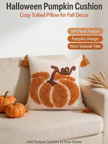 1pc Halloween Brown Pumpkin Pattern Square Pillow Case, Bohemian Chenille With Tufted Craft, Four-Corner Tassel Decoration, Country Pastoral Style, Suitable For Autumn Living Room, Bedroom, Sofa, Windowsill, Leisure Gathering, Etc., No Filling Included, 45*45cm - Multicolor - View 9
