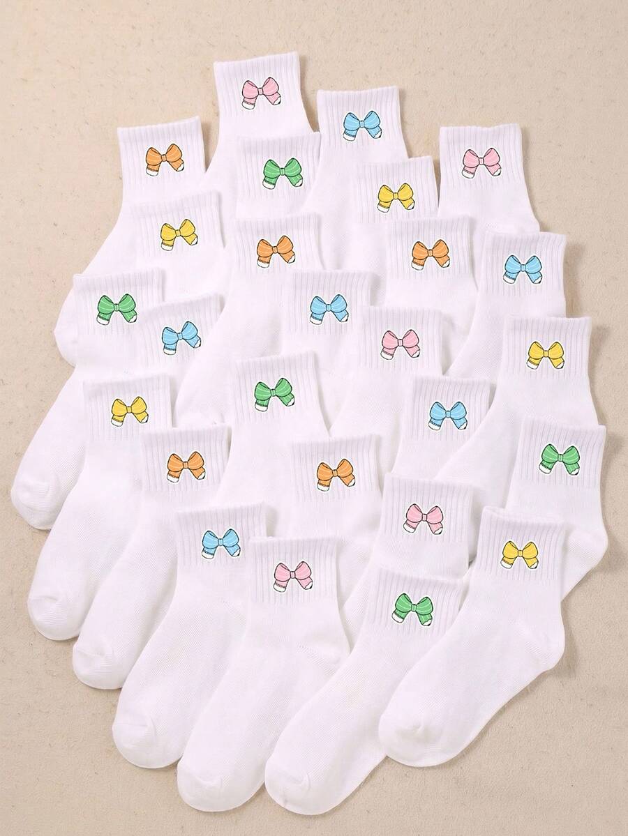 5/10 Pairs Random Color Mid-Calf Socks, Cute Colorful Bow Print Socks, Suitable For Children Boys Girls Students, Exquisite Daily Learning Essential, Back To School Outfit - Multicolor - View 1