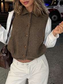 Women's Autumn/Winter Knit Cardigan Vest With Turn-Down Collar, Simple Casual Sweater Top, Versatile Style - Brown - View 2