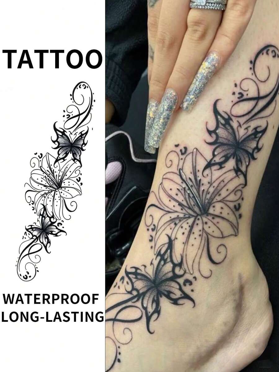 逼真哥德風花卉蝴蝶臨時紋身貼紙－黑色墨水花朵與蝴蝶假紋身，適合女性，防水持久身體藝術貼紙，優雅細線設計，適用於腳踝、手臂的時尚配件