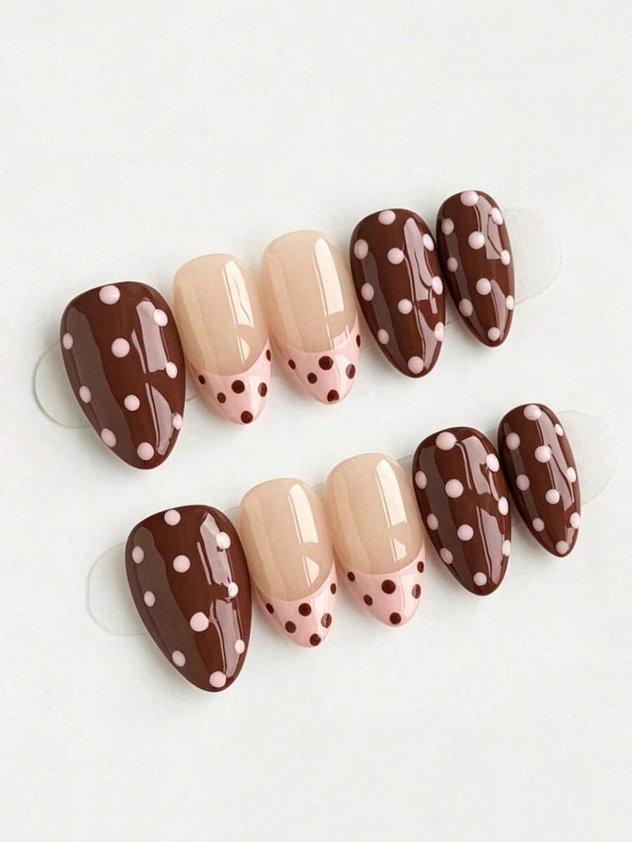10pcs Short Almond-Shaped Press-On Nails, Autumn Brown French Tip Polka Dot Design, Acrylic Material, Suitable For Workplace Or Casual Dates And Other Occasions - Multicolor - View 1